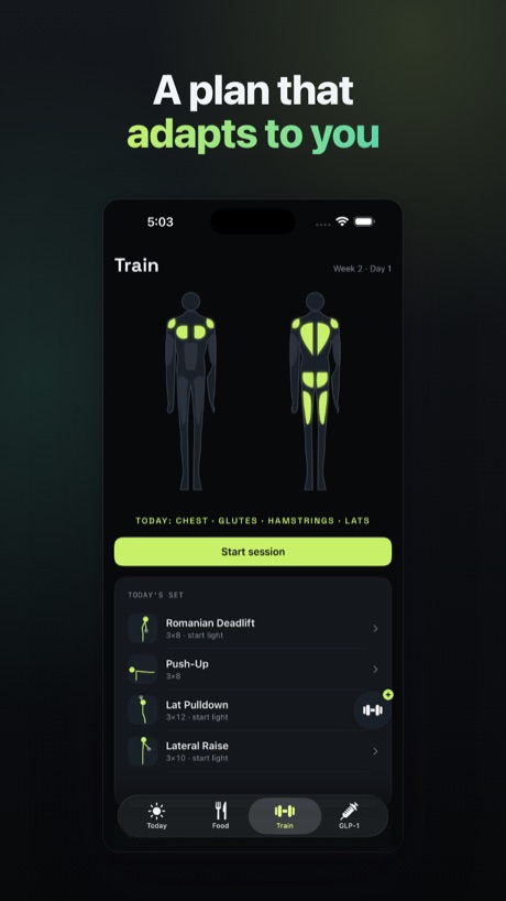 Authentic FitOdds training screen with a day’s exercise plan and muscle focus