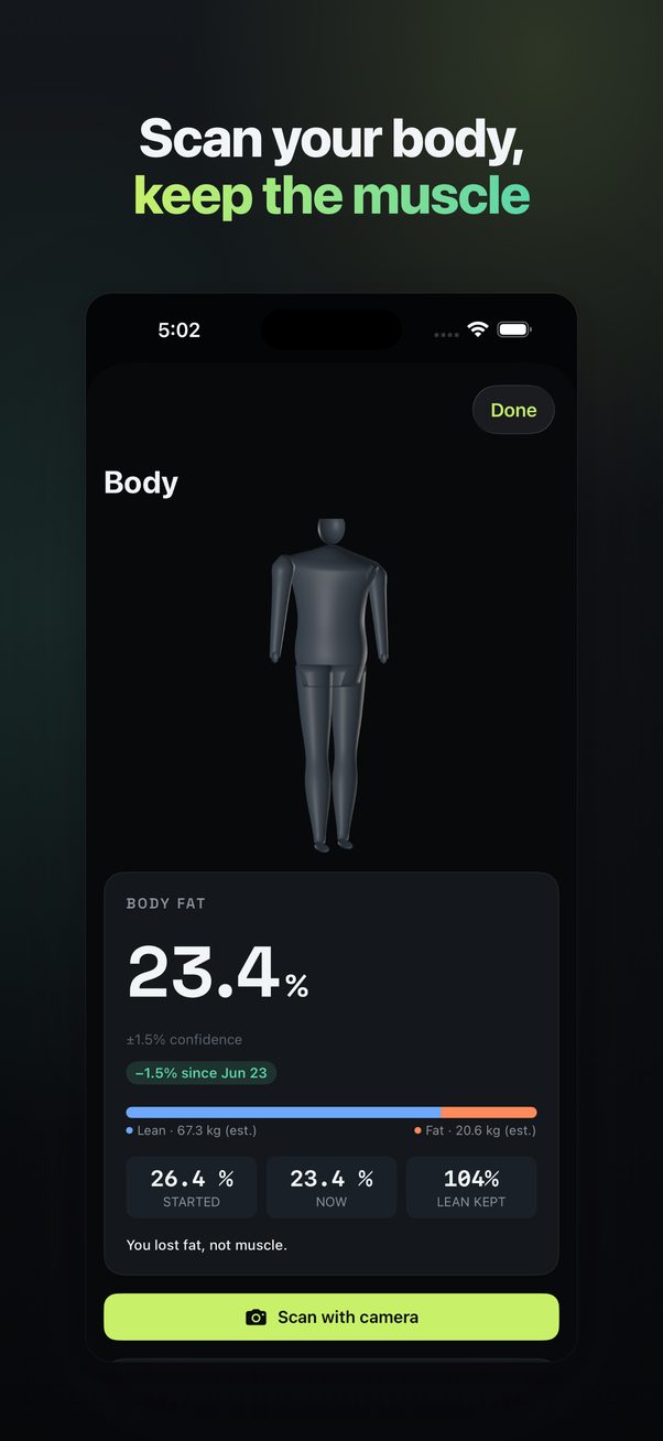 FitOdds body scan demo showing guided front, side, and back capture for body-composition progress