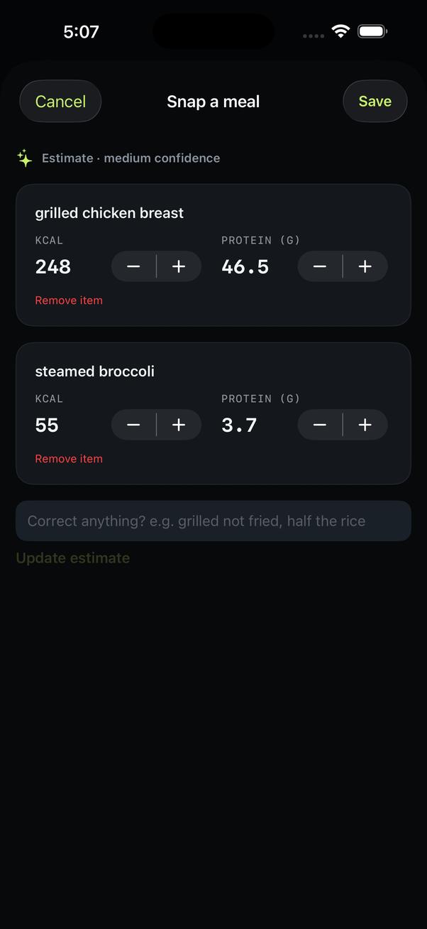 FitOdds meal scan demo showing a photographed meal with calorie and protein estimates ready for review